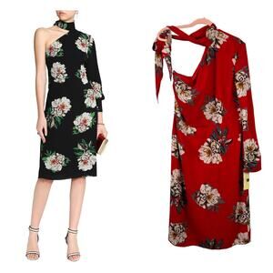 Mikael Aghal One Shoulder Floral Print Crepe Dress Red Sz 12 NEW